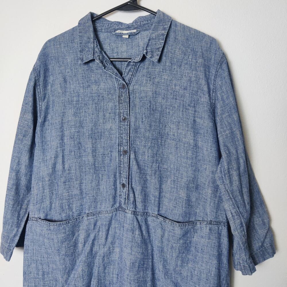 Eileen Fisher Hemp Organic Cotton Chambray Blue Tunic Dress Medium Lagenlook - Picture 3 of 11
